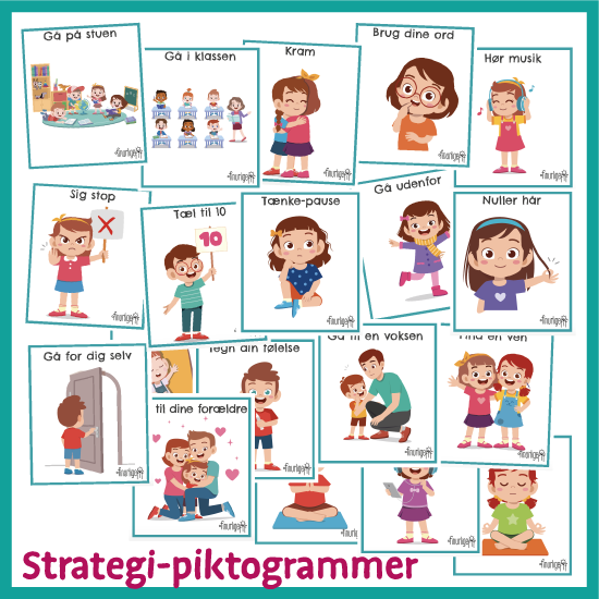 Strategi-piktogrammer med tegnede børn, der tæller til 10, går udenfor, krammer og hører musik